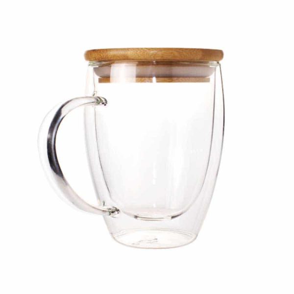Double Wall Clear Glass Mug with Bamboo Lid